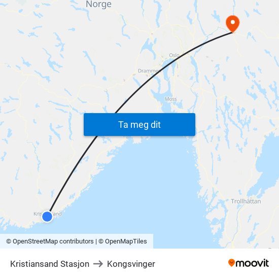 Kristiansand Stasjon to Kongsvinger map