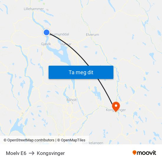 Moelv E6 to Kongsvinger map