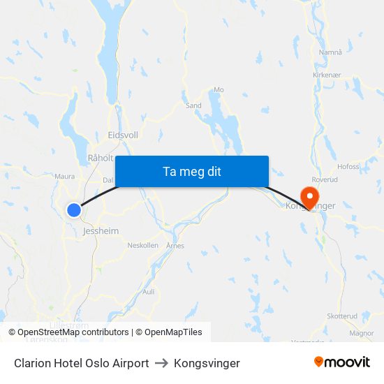 Clarion Hotel Oslo Airport to Kongsvinger map