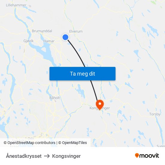 Ånestadkrysset to Kongsvinger map