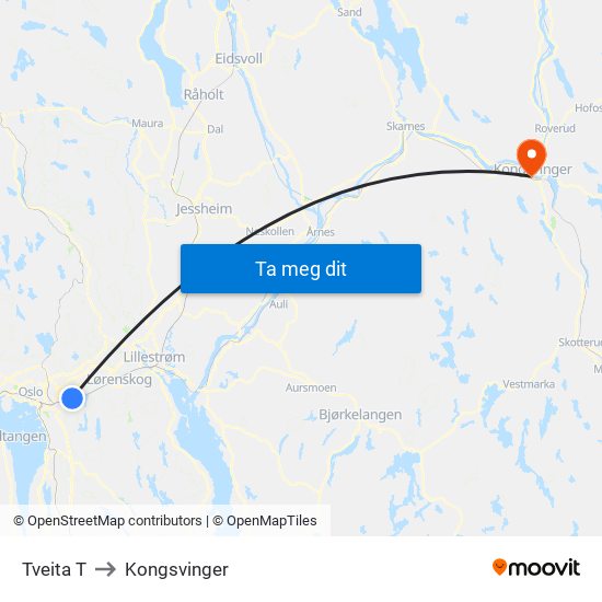 Tveita T to Kongsvinger map