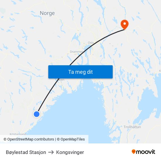 Bøylestad Stasjon to Kongsvinger map