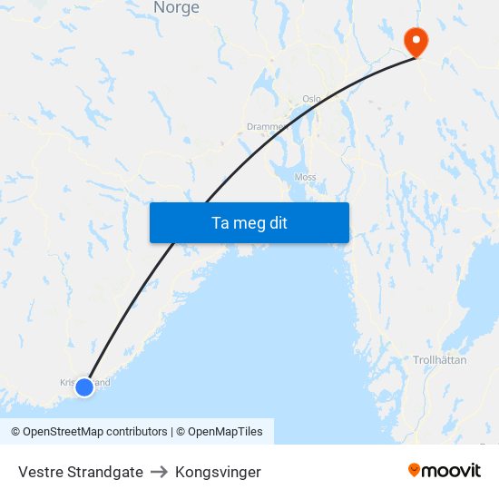 Vestre Strandgate to Kongsvinger map