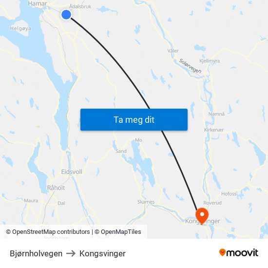 Bjørnholvegen to Kongsvinger map