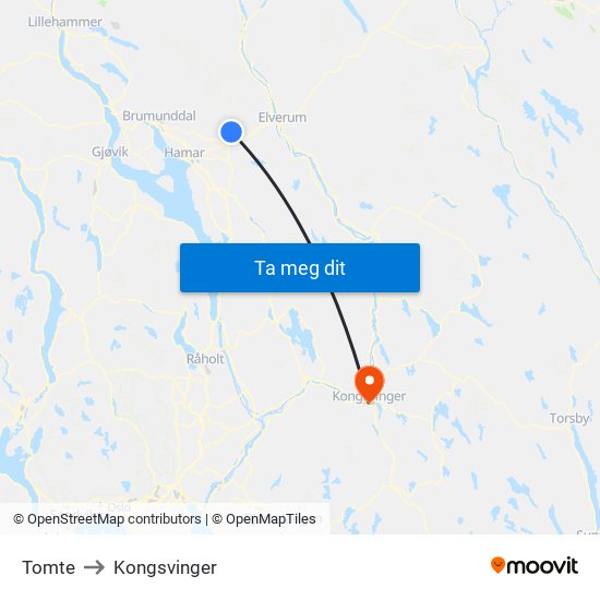 Tomte to Kongsvinger map