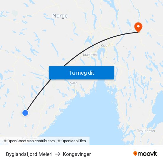 Byglandsfjord Meieri to Kongsvinger map