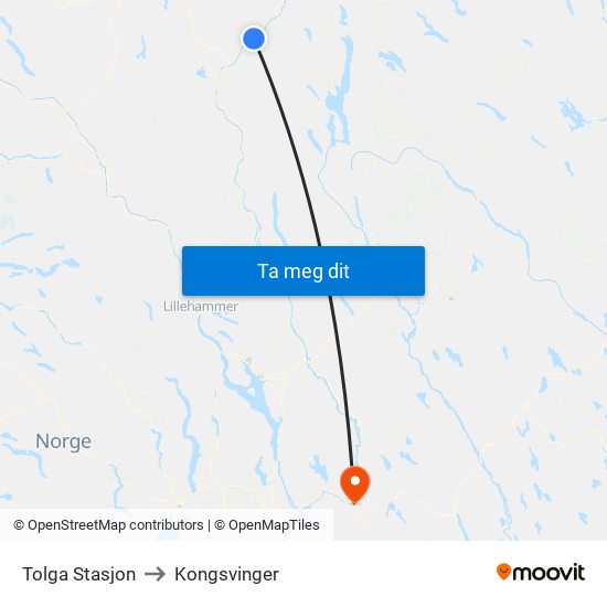 Tolga Stasjon to Kongsvinger map