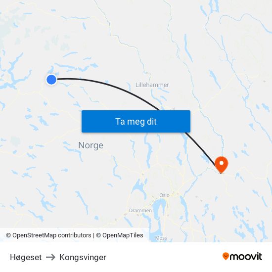 Høgeset to Kongsvinger map