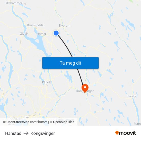 Hanstad to Kongsvinger map