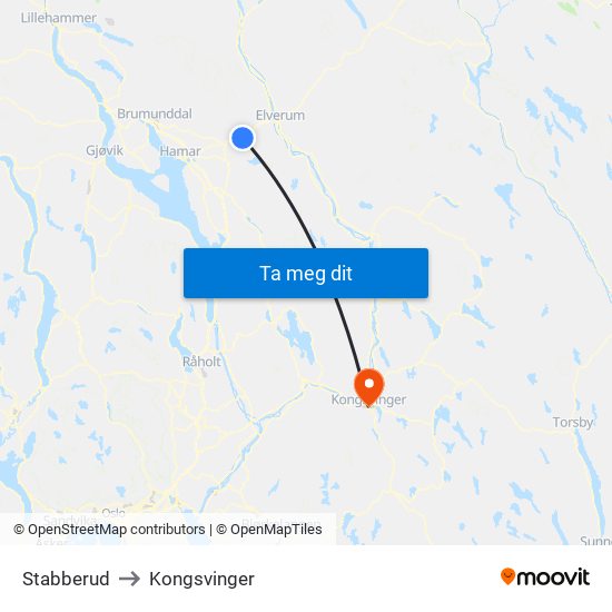 Stabberud to Kongsvinger map