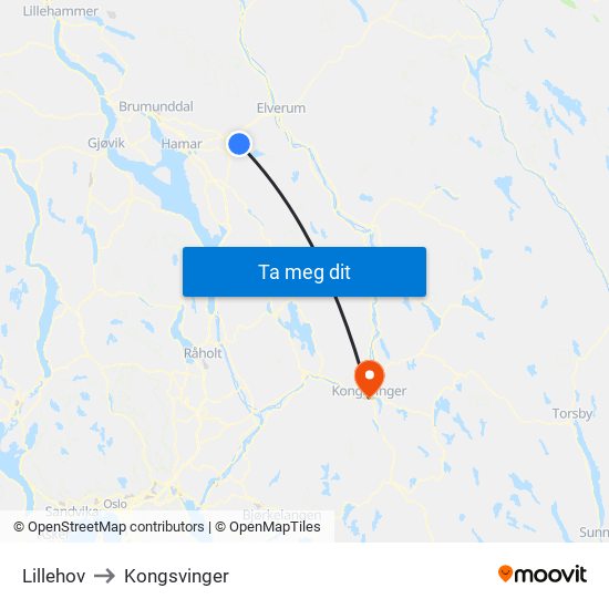 Lillehov to Kongsvinger map