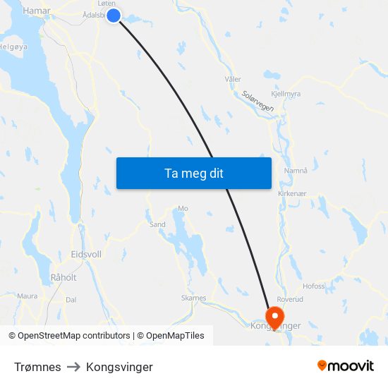 Trømnes to Kongsvinger map