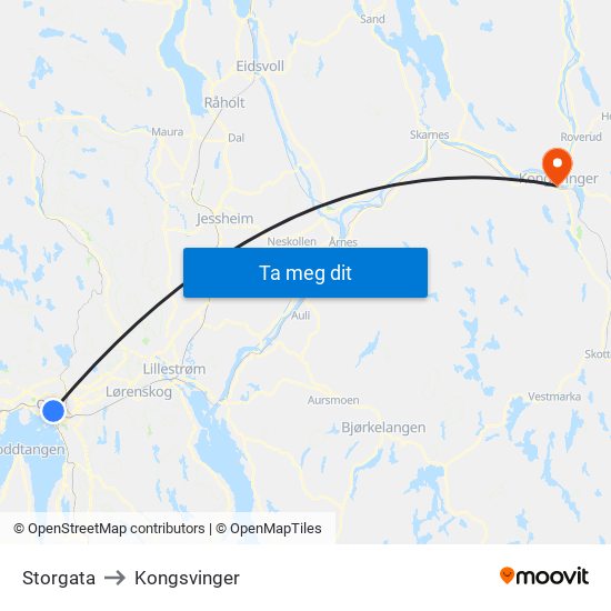 Storgata to Kongsvinger map