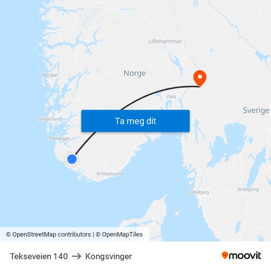 Tekseveien 140 to Kongsvinger map