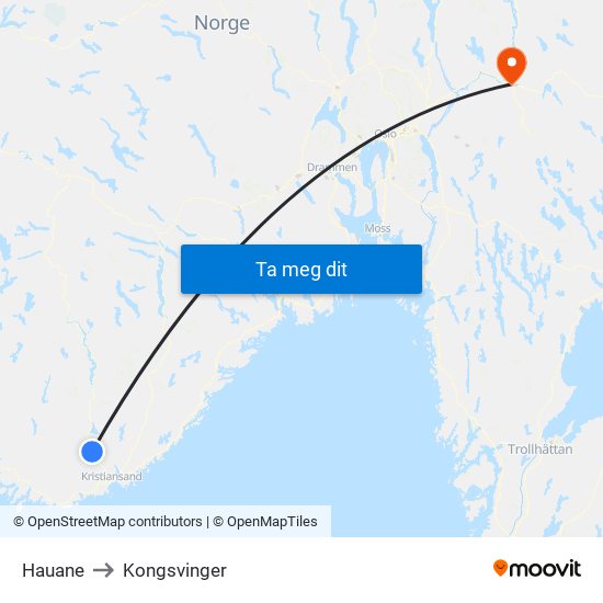 Hauane to Kongsvinger map