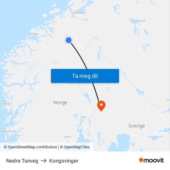 Nedre Tunveg to Kongsvinger map