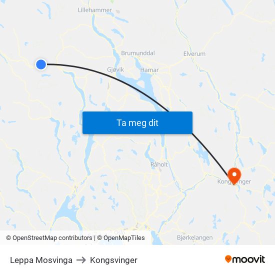 Leppa Mosvinga to Kongsvinger map