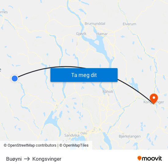 Buøyni to Kongsvinger map