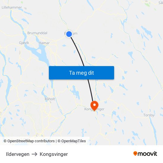 Ildervegen to Kongsvinger map