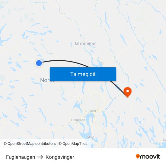 Fuglehaugen to Kongsvinger map