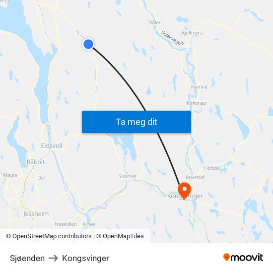 Sjøenden to Kongsvinger map