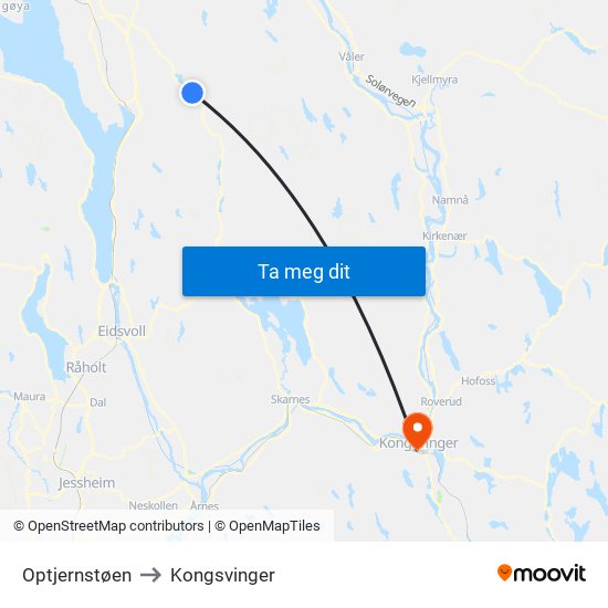 Optjernstøen to Kongsvinger map