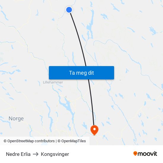 Nedre Erlia to Kongsvinger map