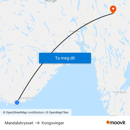 Mandalskrysset to Kongsvinger map