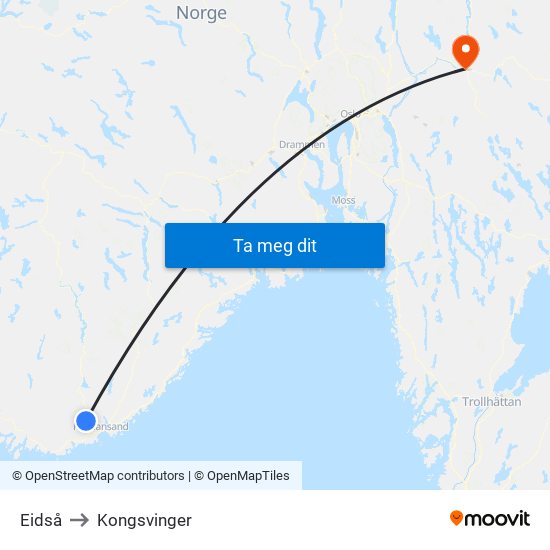 Eidså to Kongsvinger map