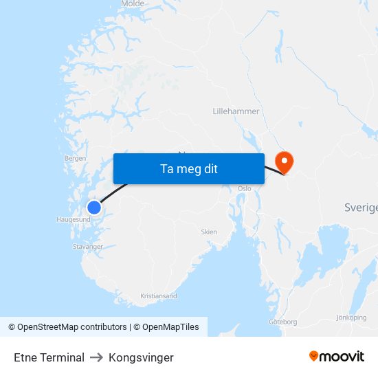 Etne Terminal to Kongsvinger map