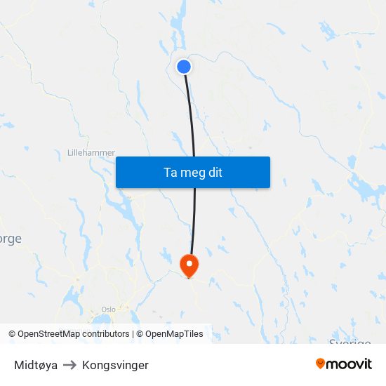 Midtøya to Kongsvinger map