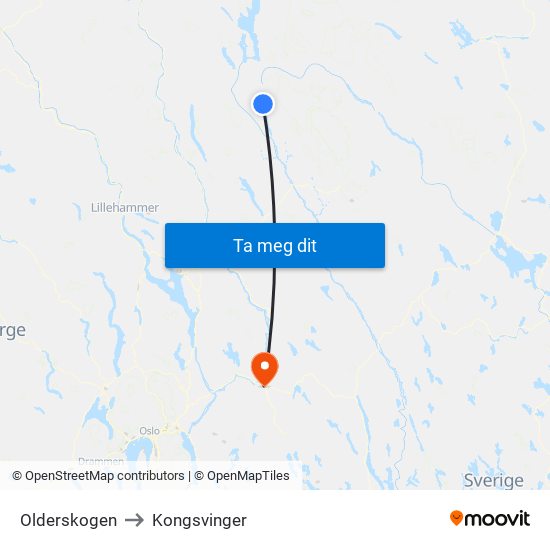 Olderskogen to Kongsvinger map