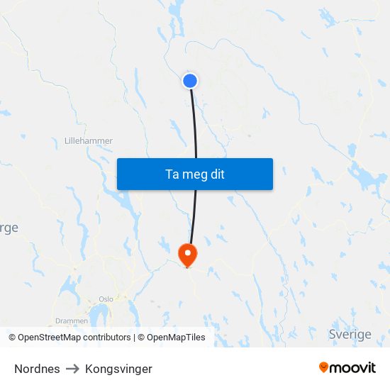 Nordnes to Kongsvinger map