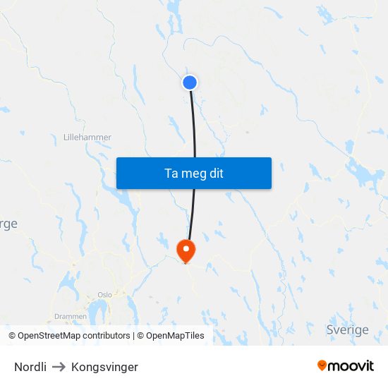 Nordli to Kongsvinger map