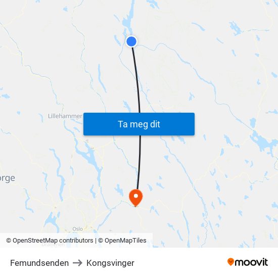 Femundsenden to Kongsvinger map