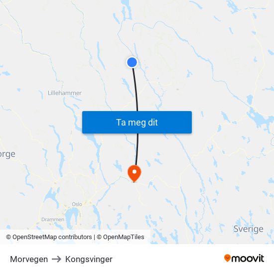 Morvegen to Kongsvinger map