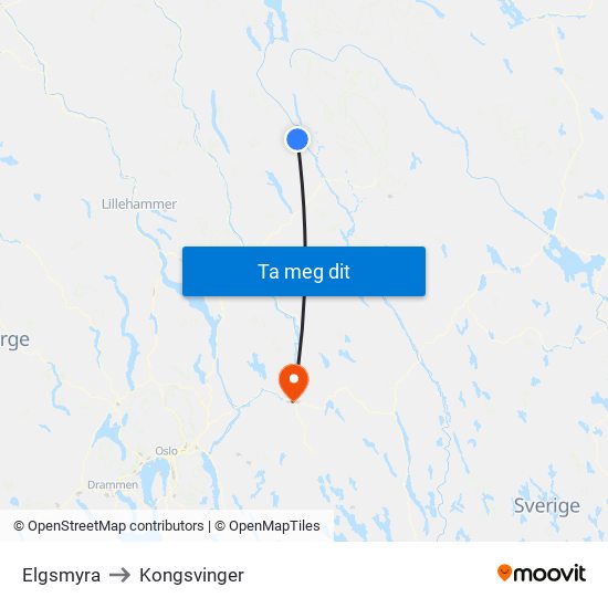 Elgsmyra to Kongsvinger map
