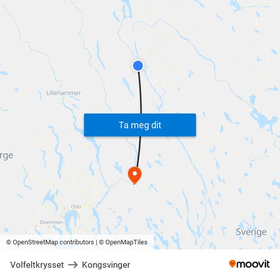 Volfeltkrysset to Kongsvinger map