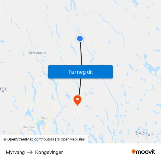Myrvang to Kongsvinger map