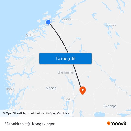 Mebakkan to Kongsvinger map