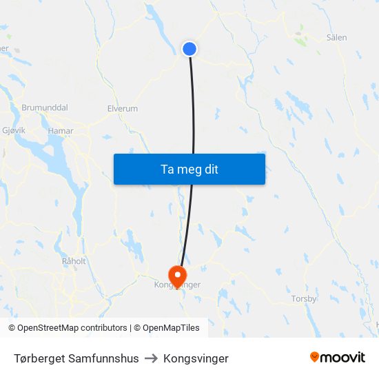 Tørberget Samfunnshus to Kongsvinger map