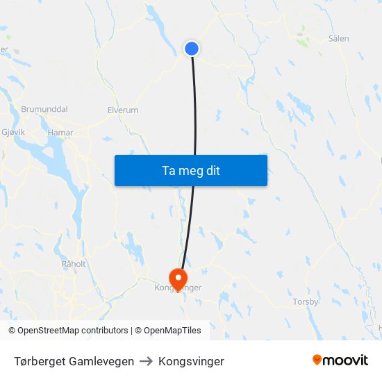 Tørberget Gamlevegen to Kongsvinger map