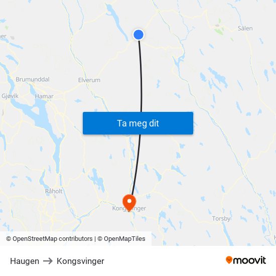 Haugen to Kongsvinger map