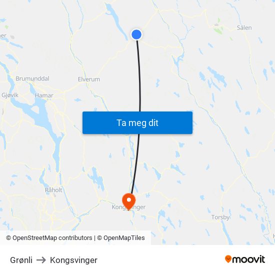 Grønli to Kongsvinger map