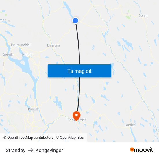 Strandby to Kongsvinger map