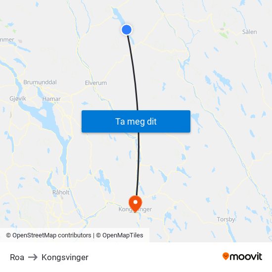 Roa to Kongsvinger map