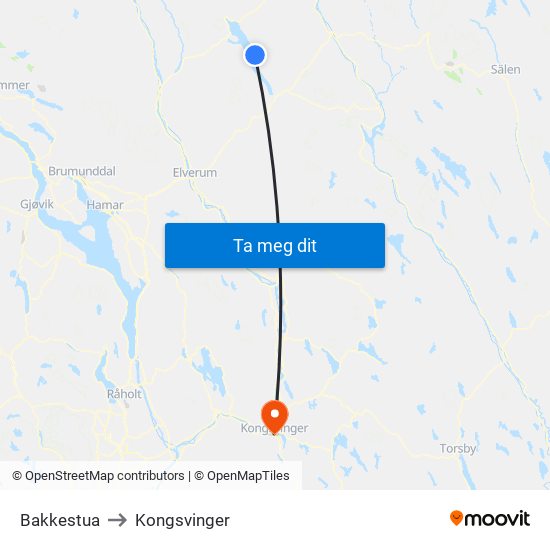 Bakkestua to Kongsvinger map