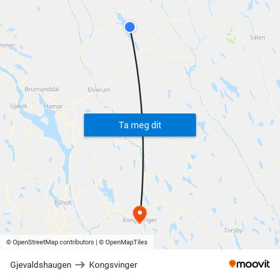 Gjevaldshaugen to Kongsvinger map