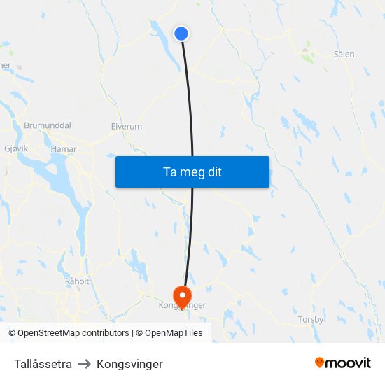 Tallåssetra to Kongsvinger map
