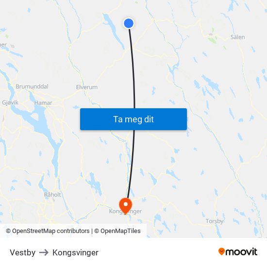 Vestby to Kongsvinger map